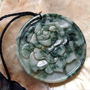 Large Lotus Sculpture Pendant in Polished Green Jade